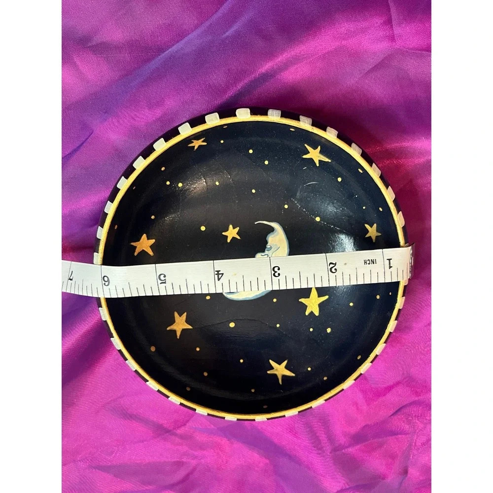 Celestial wooden Bowl Moon Stars Checkered Rim Folk Art 6.5